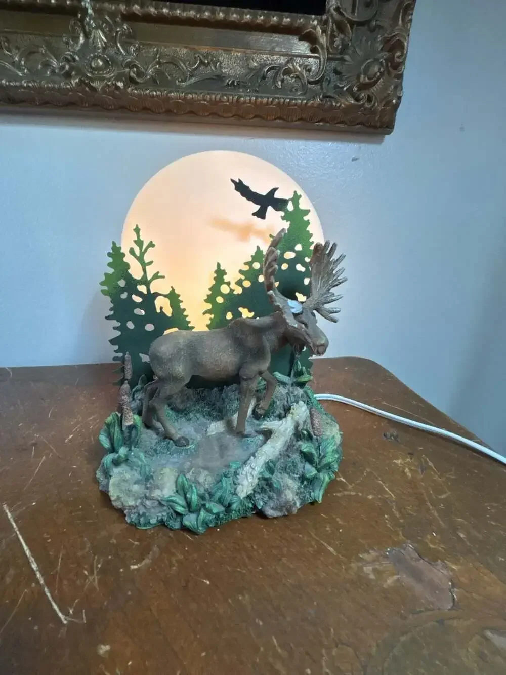 Rustic Moose Woodland Scene Table Lamp with Pine Trees and Moon
